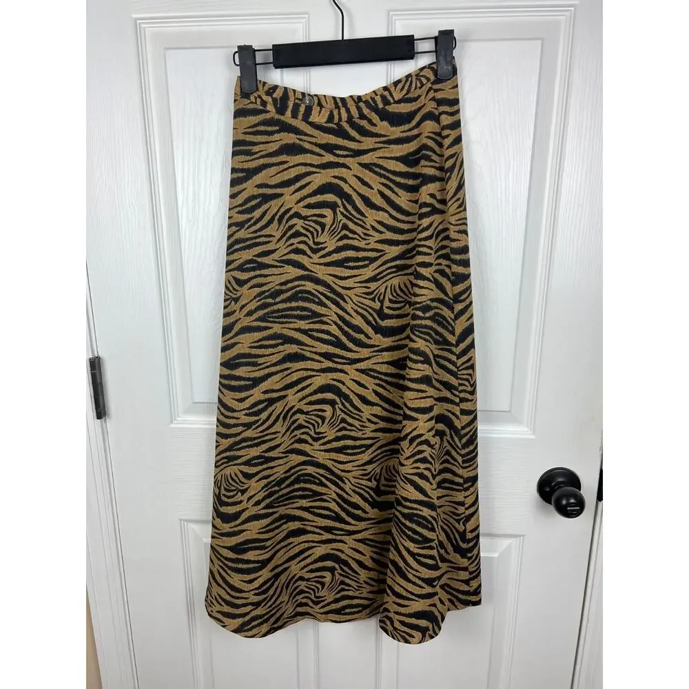 90s Aesthetic Rena Rowan Tiger‎ Stripe Maxi Skirt, 4P, Tan Black